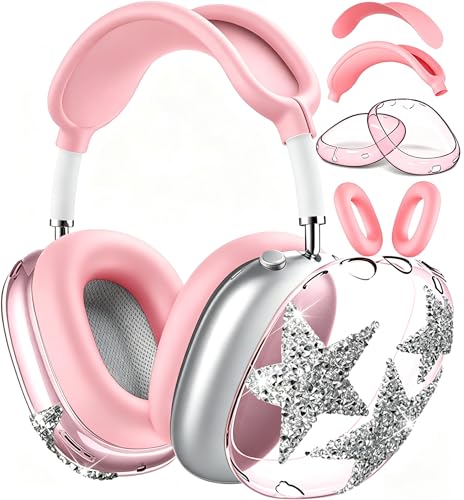 [4 in 1] Case Cover for AirPods Max 2/1 (2026/2024/2020) Ear Pad Case/Headband Cover/Ear Cups with Bling Star for Apple AirPods Max Headphones (Pink Stars Sets(4 in 1)) - color: Pink Stars Sets(4 in 1)