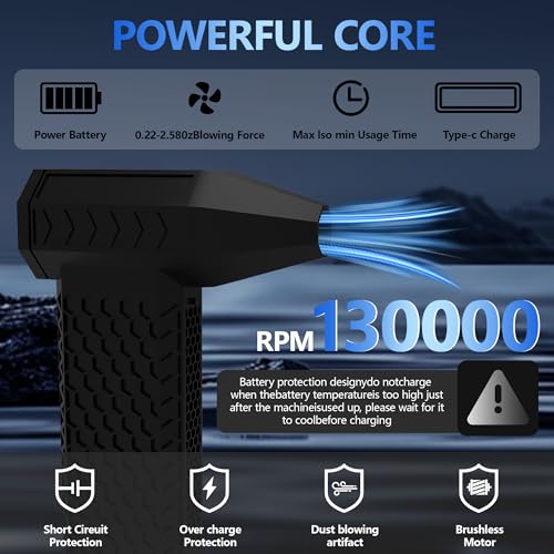 매우 강력한 압축 공기 먼지떨이 - 3단 속도 바람, 고속 충전, 130000RPM 모터가 있는 전기 송풍기 - 컴퓨터, 키보드, 자동차 및 가정 청소에 이상적