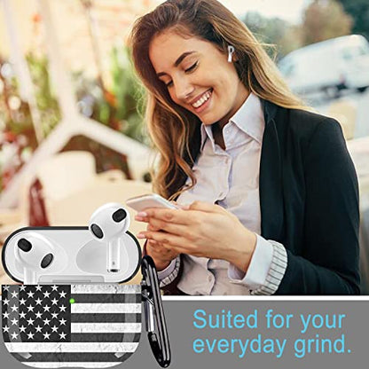 Compatible with Airpods 3rd Generation Case - Wonjury Protective Hard Compatible with Airpods 3 Case Cover with Cleaner Kit Women Girls Keychain, USA Flag Black - color: American Flag Black