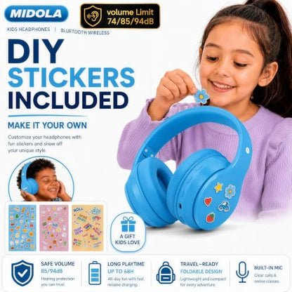 Kids Bluetooth Headphones Wireless 68 Hours,Safe Volume Limit 85/94dB Blue | Adjustable Headband Foldable Over-Ear Lightweight Headsets for Toddler Girls Boys Tablet/iPad,HD Stereo,Built-in Mic - color: Blue