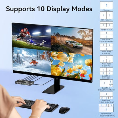 HDMI Multiviewer Switch 4x1 Seamless Switcher Quad Multi Viewer 4 in 1 Out Switcher with IR Remote 3.5mm Audio Output Support 4K@30Hz 1080P@60Hz Upgrade 10 Viewing Modes for Security Camera, Meeting