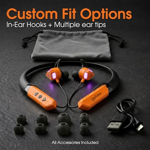 Manhattan Bluetooth 5.2 Neckband Earbuds, 15-Hour Battery, IPX4 Mic - color: Black/Orange