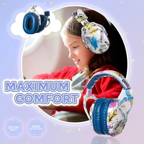 Kids Ear Protection Safety Ear Muffs, NRR 25dB Noise Reduction Children Earmuffs, Hearing Protectors for Sleeping, Studying, Airplane, Concerts, Fireworks-Graffiti with Blue Band - color: Blue Band Graffiti