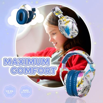 Kids Ear Protection Safety Ear Muffs, NRR 25dB Noise Reduction Children Earmuffs, Hearing Protectors for Sleeping, Studying, Airplane, Concerts, Fireworks-Graffiti with Blue Band - color: Blue Band Graffiti