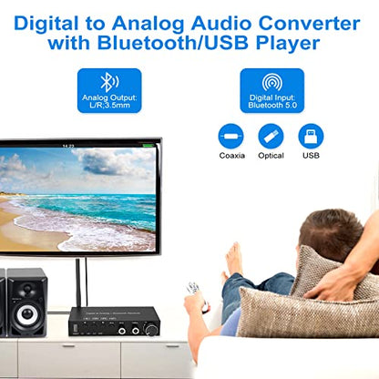 USB 192KHz DAC Digital to Analog Converter with Headphone Amplifier Built-in Bluetooth V5.0 Receiver Music Player Volume Adjustable Digital SPDIF TOSLINK to Stereo L/R & 3.5mm Jack - style: bluetooth