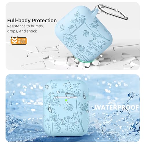 Lerobo for AirPod Case 2nd/1st Generation with Keychain | Flower Engraved Soft Silicone Cover for AirPods 2 Case, Wireless Charging, Shockproof, One-piece Design, Sky Blue - color: Sky Blue
