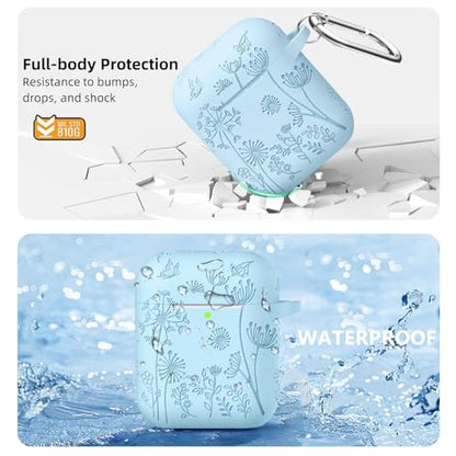Lerobo for AirPod Case 2nd/1st Generation with Keychain | Flower Engraved Soft Silicone Cover for AirPods 2 Case, Wireless Charging, Shockproof, One-piece Design, Sky Blue - color: Sky Blue