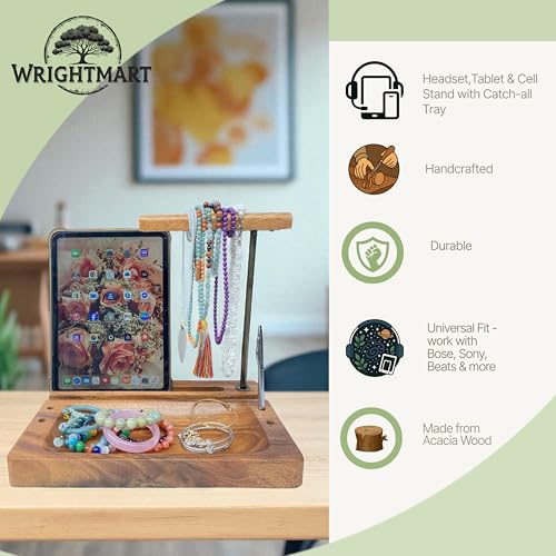 Multi-Device Headphone Stand, Acacia Wood Tech Organizer with Storage Tray | Solid 1.5 in thick acacia wood organizer for headphone, phone, tablet & accessories, gaming & office desk setup, workspace - style: Headphone Cell iPad Holder