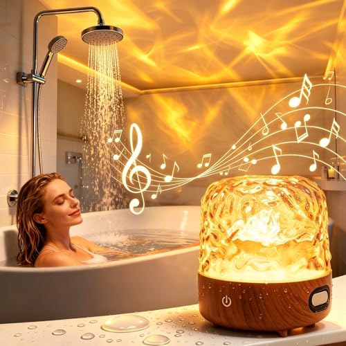 Shower Light with Bluetooth Speaker, Waterproof Shower Lamp with White Noise, 16 Colors Ocean Wave Projector Light with Remote & Touch Control, Music Lamps for Shower Bathroom Bathtub (Walnut Grain) - color: Walnut Grain