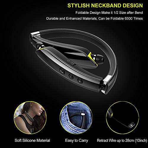 BEARTWO Bluetooth Headphones, Upgraded Foldable Wireless Neckband Headset with Retractable Earbuds, Noise Cancelling Stereo Earphones with Mic for Workout, Running, Driving (with Carry Case)