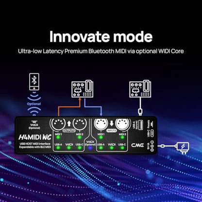 CME H4MIDI WC Advanced USB Host MIDI Interface | Router, Filter, Mapper, Optional WIDI Bluetooth MIDI, Standalone 9V Power Mode, For Guitarists and Producers