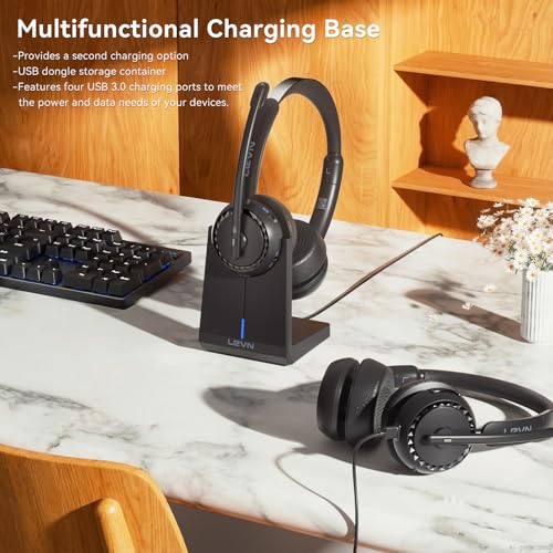 LEVN Wireless Headset, Wireless Headset with Mic for Work, AI Noise Cancelling, 65 Hrs Working Time, Bluetooth Headphones with Microphone from Computer/Call Center/Teams