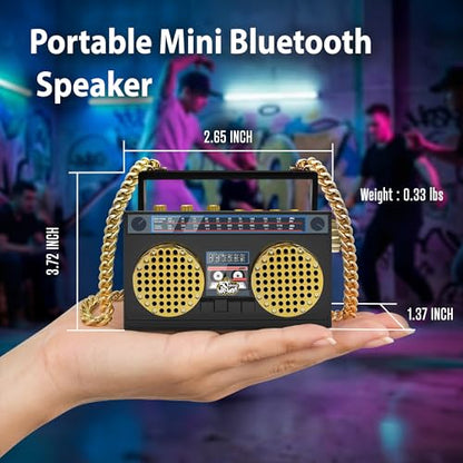 Portable Bluetooth Speakers, Retro Speakers Bluetooth Wireless Wearable | Mini Bluetooth Boombox with 27” Neck Chain, FM Radio, On-Board Buttons, Dual 3W Peak Power Bluetooth Speaker for Anywhere - color: Black/ Gold