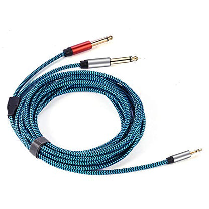 1/8 to 1/4 Stereo Cable, Nylon Braided 3.5mm to 1/4 Cable & Adapter Cord, TRS to Dual 6.35mm TS Unbalanced Breakout Wire for Laptop, Mixer, Amp - 6.6 Ft