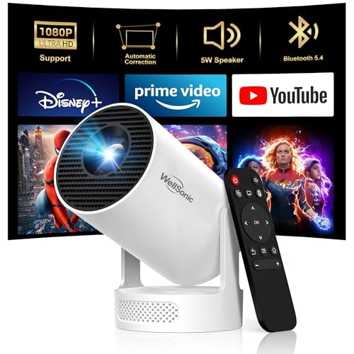 Mini Projector with Wi-Fi and Bluetooth, 1080P Portable Projector with 5W Speaker, Auto Vertical Keystone & 180° Rotatable, 200 ANSI Movie Projector for Outdoor Bedroom