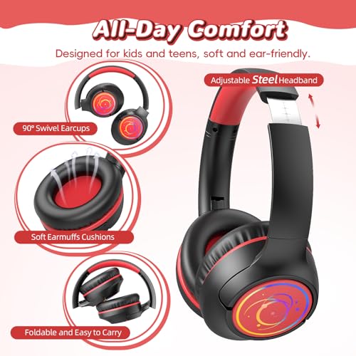 Kids Bluetooth Headphones, 85H Playtime for Toddler Boys, Black with LED - color: Black