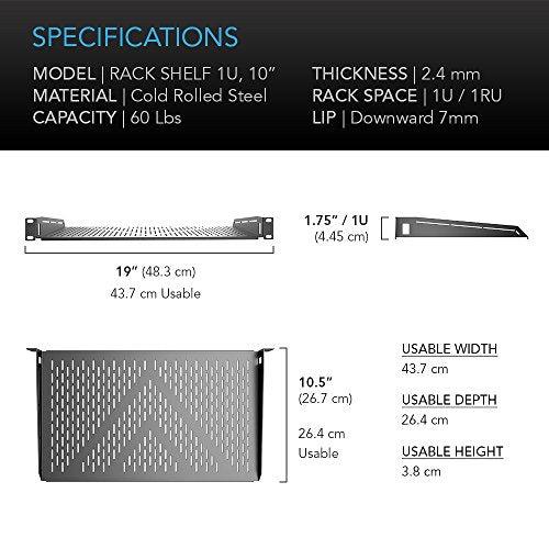 AC Infinity Vented Cantilever 1U Universal Rack Shelf, 10" Deep | Designed for 19” Equipment Racks. Heavy-Duty 2.4mm Cold Rolled Steel, 60lbs Capacity - size: 1RU 10" Deep