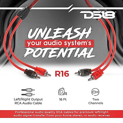DS18 R16 RCA Cable Ultra Flex 16 Feet - 2-Male to 2-Male Stereo Audio Cables, 2RCA Male to 2RCA Male Stereo Cable for Home Theater, HDTV, Amplifiers, Hi-Fi Systems, Car Audio, Speakers. (16ft / 4.8m) - size: 16 Feet