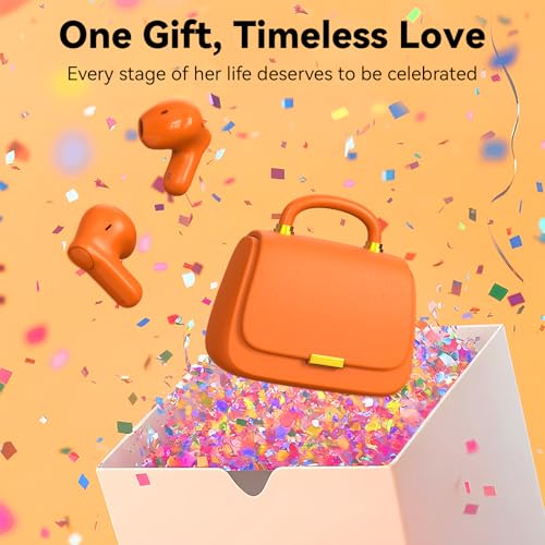 ANCwear Wireless Earbuds with Mini Handbag Case, 22H Playtime, Orange | Bluetooth 5.3, 13mm drivers, touch controls and DIY stickers for music, calls, travel, everyday wear and gifting - color: Orange Pearl