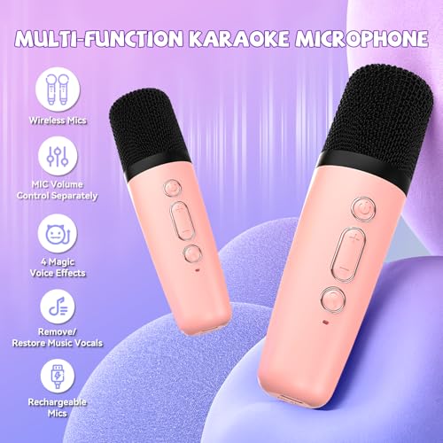 Mini Karaoke Machine for Kids Girls Boys - Birthday Gifts for Ages 4 5 6 7 8+ Year Old - Portable Bluetooth Speaker with 2 Wireless Microphone - Kids' Instrument Accessories - Pink - style: Pink