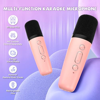 Mini Karaoke Machine for Kids Girls Boys - Birthday Gifts for Ages 4 5 6 7 8+ Year Old - Portable Bluetooth Speaker with 2 Wireless Microphone - Kids' Instrument Accessories - Pink - style: Pink