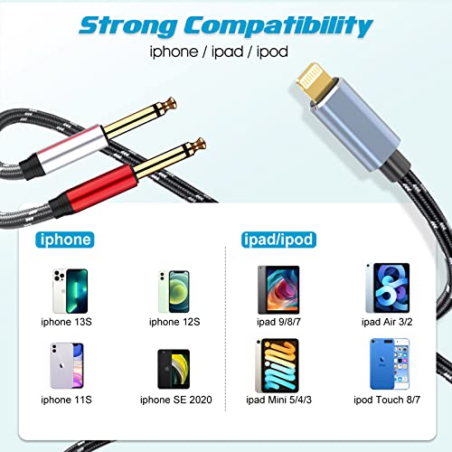 Lightning to Dual 6.35mm 1/4" TS Mono Stereo Y-Cable Splitter Lightning to Dual 1/4 inch Audio Cable Compatible for iPhone12/11/X/XS/XR/8/7/iPad,Amplifier, Speaker, Headphone, Mixing Console 3.3FT - size: 3.3 ft, style: Lightning (Dual 6.35mm cable)
