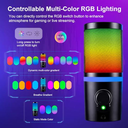 USB PC Gaming Microphone with RGB Light, Volume Control, Mute Button, Headphone Monitoring Jack. Compatible with Windows, MAC, PS4/PS5.
