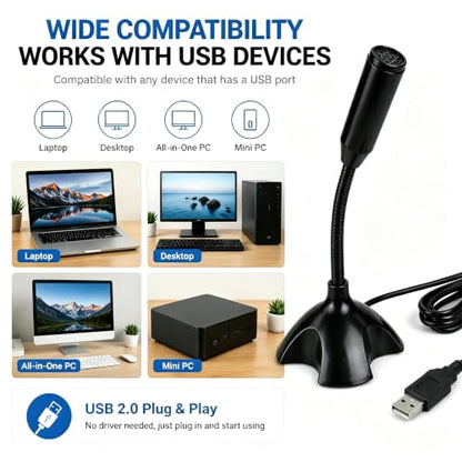 USB Microphone with Gooseneck Stand, Noise Canceling Condenser Mic, Plug & Play for PC Laptop, High Sensitivity (>2m) for Gaming, Podcast, Online Chat, Conference, Recording