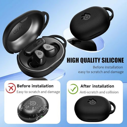 for Steelseries Arctis Gamebuds Silicone Case, Unisex Soft Protective Gamebuds Case, Only Compatible with Steelseries Gamebuds with Carabiner, Black - color: Black