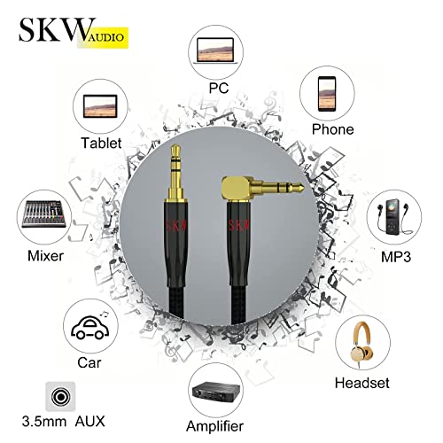 SKW Audiophile 3.5mm Right-Angle Stereo Aux Cable 1/8" TRS 1.6ft/0.5m | Dual-shielded, gold-plated contacts, nylon-braided jacket, sturdy and durable, Hi-Fi stereo fidelity, 90 degrees - color: Black-straight to bend, size: 1.6ft (0.5m)