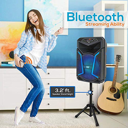 Portable Bluetooth PA Speaker System-800W Outdoor Bluetooth Speaker Portable PA System w/Microphone in, Party Lights, MP3/USB SD Card Reader, FM Radio, Rolling Wheels-Mic, Remote-Pyle PPHP122SM.5