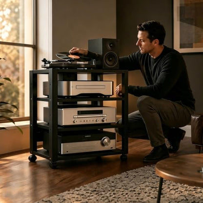 4 Tier Audio Rack Tower, CD Record Player Stereo Receiver AV Equipment Cabinet Display Rack, Weight Capacity 661 lbs, with Adjustable Wooden Shelves for Home (4 Tier Black) - size: 4 Tier Black