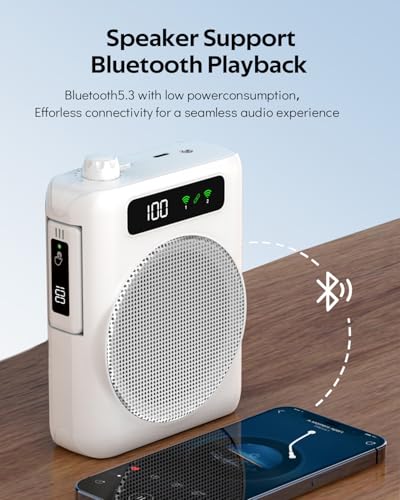 Voice Amplifier for Teachers with 2 Lavalier Wireless Microphones | Clip On Microphone with Speaker, Wireless Voice Amplifier Bluetooth Speaker and Microphone Set for Yoga Tour Guides Coaches - color: White