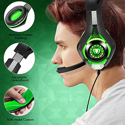 BlueFire Wired Gaming Headset for PS4 PS5 Xbox One PC – Over-Ear Headphones with Surround Sound, Noise Canceling Mic, Soft Memory Foam, LED Light, 3.5mm Jack for Console & Laptop (Green) - color: Green