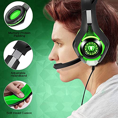 BlueFire Stereo Gaming Headset with Microphone for PS5 PS4 Xbox One Switch PC Mac – Wired Over-Ear Headphones with Surround Sound, Soft Memory Foam, Noise Canceling Mic, Light, 3.5mm Jack (Green) - color: Green