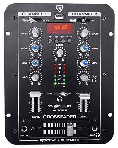 Rockville RDJ3BT 2 Channel DJ Mixer with USB, Bluetooth, Talkover, 4 Line Inputs | 4 RCA Line Inputs, USB MP3 Player, 1/4" Mic/Headphone Jacks, Cue Monitor, 3-Band EQ, Crossfader, Master/Rec Outputs - style: with bluetooth
