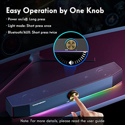 THOMSON Computer Speakers, Bluetooth Computer SoundBar, Dynamic RGB PC Speakers with 10W Stereo Sound, 3.5mm Aux-in Connection, USB Powered Computer Speakers for PC, Desktop Monitor, Laptop, Tablets