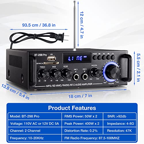 298Pro Stereo Audio Amplifier, MIC in w/Echo, Bass & Treble w/USB/RCA/FM | Max 400W Home 2 Channel Bluetooth 5.0 Wireless Power Amplifier, HiFi Sound Home Theater Audio System Home Stereo Receiver - style: MAX 400Wx2