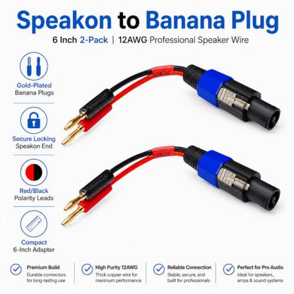 Speakon to Banana Plug Speaker Cables 2 Pack - 12AWG Gold Plated Professional Speaker Wire 6 Inch