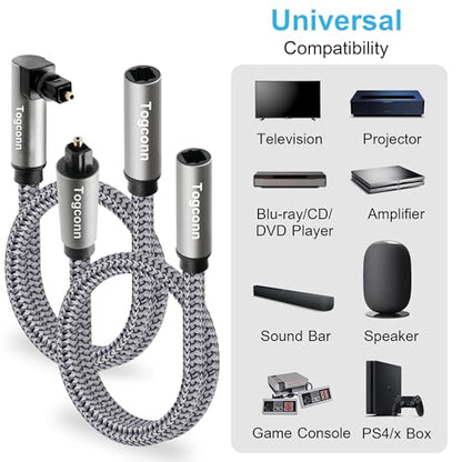 Optical Extension Fiber Digital Cable Adapter 2 Feet (2 Pack), 90 Degree Right Angle & Straight Male to Female Coupler, Toslink Audio Cable, Nylon Braided for Home Theater, Soundbar, TV and More - size: 2 Feet