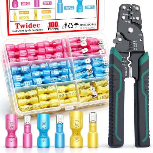 Twidec/100PCS Heat Shrink Spade Connectors Kit 22-10 AWG Female and Male Spade Terminlas Quick Disconnect Connectors Fully Insulated for Automotive Marine and Wire Crimper Tool with Stripper Cutter - color: 101PCS