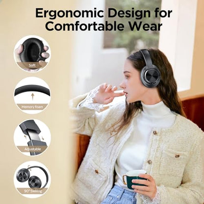 Hybrid Active Noise Cancelling Headphones 130H Wireless Over Ear Headphones | Bluetooth, Hi-Res Sound, Deep Bass, Spatial Audio, Dual Connection, Custom EQ via App, Comfortable Fit for Travel Home Office - color: Black