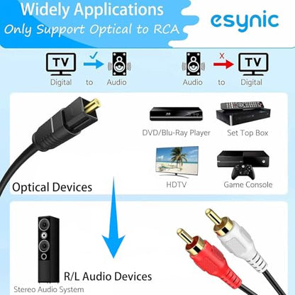 eSynic Professional 192KHZ Optical to RCA Audio Adapter-7 FT Cable Long | DAC Chip-Easy to Setup-Aluminum Shell-For HDTV/Blu-ray/DVD/Gaming Consoles to L/R Stereo Audio-Must Be Set PCM Audio Format - style: Optical to RCA