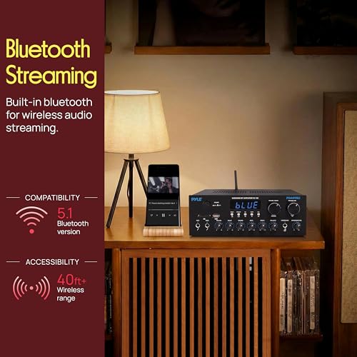 Pyle Wireless Bluetooth Streaming Amplifier - 300W Multi Channel Receiver with Dual Hi Def in/Out, Optical/Coaxial w/ 24 Bit decoding, Aluminum Control Knobs, Headphone Out, USB-A/SD - PDA99BU
