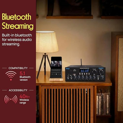 Pyle Wireless Bluetooth Streaming Amplifier - 300W Multi Channel Receiver with Dual Hi Def in/Out, Optical/Coaxial w/ 24 Bit decoding, Aluminum Control Knobs, Headphone Out, USB-A/SD - PDA99BU