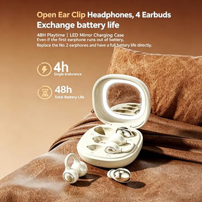 Wireless Clip-On Open Earbuds, Butterfly Earring Bluetooth Headphones with Heart-Shaped Charging Case & Makeup Mirror, 42H Playtime, Lightweight Earphones for Women, Sports, Gifts - color: Beige