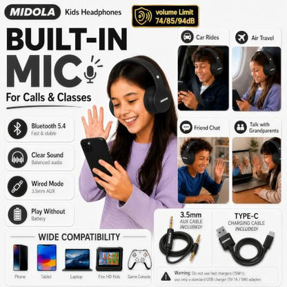 MIDOLA Kids Headphones Bluetooth 5.4 Wireless 68H Play Time Volume Limit 85/94dB Over-Ear Foldable Headset,Type-C Fast Charging,with Wired Aux Mic for Toddler Child Pad Tablet Black | Adjustable Headband Foldable Over-Ear Lightweight Headsets for Toddler