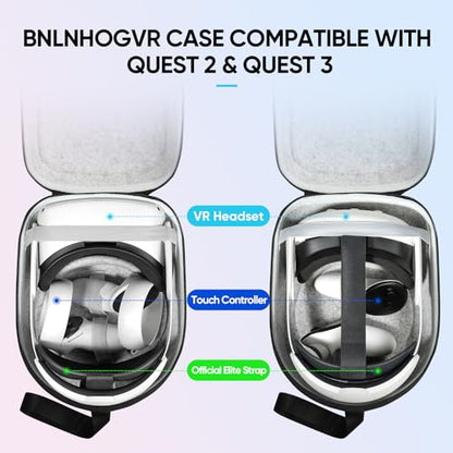 BnLnHOGVR Carrying Case Compatible with Oculus Meta Quest 3S/Quest 3/Quest 2, Apple Vision Pro VR Headsets Original Head Strap and Controller Accessories, Hard Shell Bag for Travel and Storage