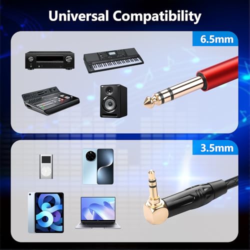 CERRXIAN 3.5mm TRS Stereo Right Angle Male to 6.35mm TRS Stereo Male Audio Cable,0.3M/1FT Leather Textured Cord, Short Stereo Patch Cable for Electric Guitar, Mixer, Amplifier, Speaker