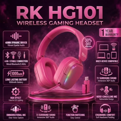 RK ROYAL KLUDGE HG101 V2 Wireless Gaming Headset, 2.4G/Bluetooth 6.0/3.5mm Wired Headphones, 7.1 Surround Sound, 40mm Drivers, Memory Foam Cushions, Works with Xbox, PS4/5, PC, Switch, Berry Red - color: Red